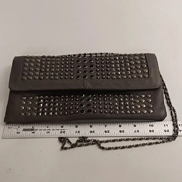Gray Clutch Crossbody bag Gunmetal Studs Black Faceted Stones Removable Chain - Picture 3 of 11
